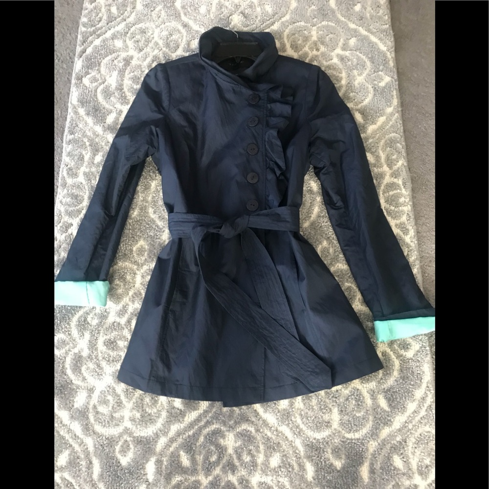 Designer coat ruffle front and collar